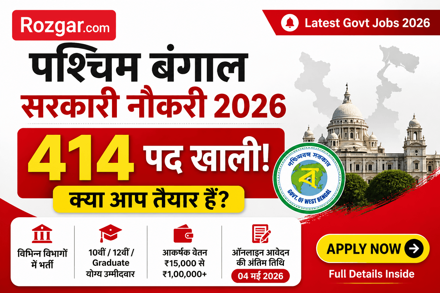 पश्चिम बंगाल सरकारी नौकरी 2026: 414 पद खाली
