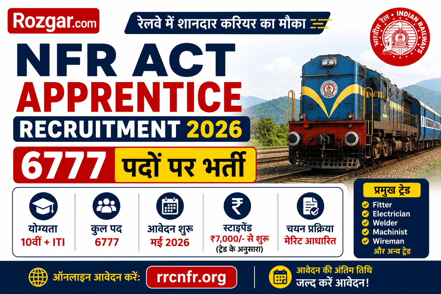 NFR Act Apprentice Recruitment 2026 – 6777 पदों पर भर्ती | Online Apply, पात्रता और ट्रेड लिस्ट NFR Act Apprentice Recruitment 2026 – 6777 पदों पर भर्ती | Online Apply, पात्रता और ट्रेड लिस्ट